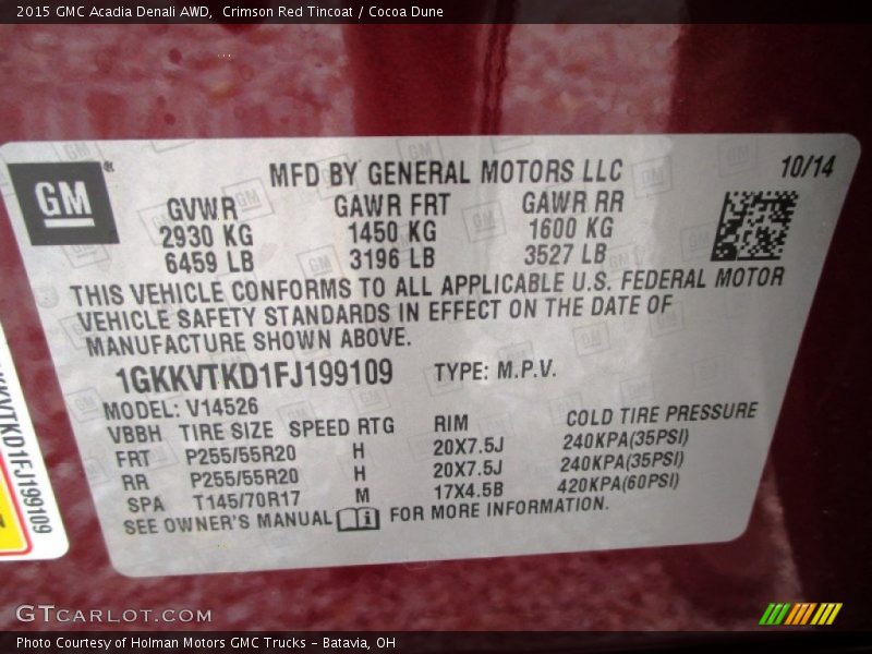 Crimson Red Tincoat / Cocoa Dune 2015 GMC Acadia Denali AWD