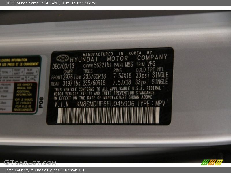 2014 Santa Fe GLS AWD Circuit Silver Color Code M8S