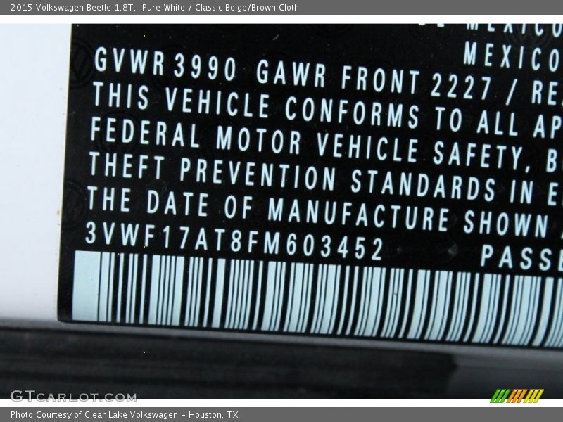 Pure White / Classic Beige/Brown Cloth 2015 Volkswagen Beetle 1.8T