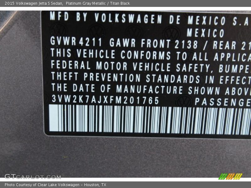 Platinum Gray Metallic / Titan Black 2015 Volkswagen Jetta S Sedan
