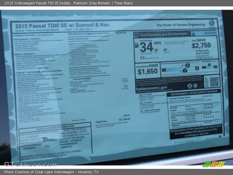 Platinum Gray Metallic / Titan Black 2015 Volkswagen Passat TDI SE Sedan