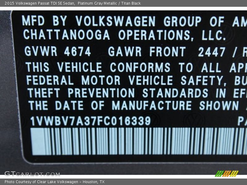 Platinum Gray Metallic / Titan Black 2015 Volkswagen Passat TDI SE Sedan