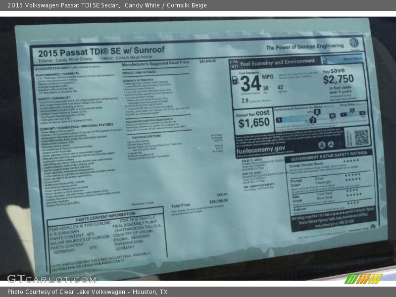 Candy White / Cornsilk Beige 2015 Volkswagen Passat TDI SE Sedan