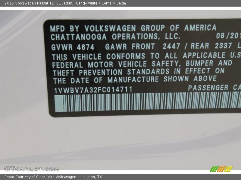 Candy White / Cornsilk Beige 2015 Volkswagen Passat TDI SE Sedan