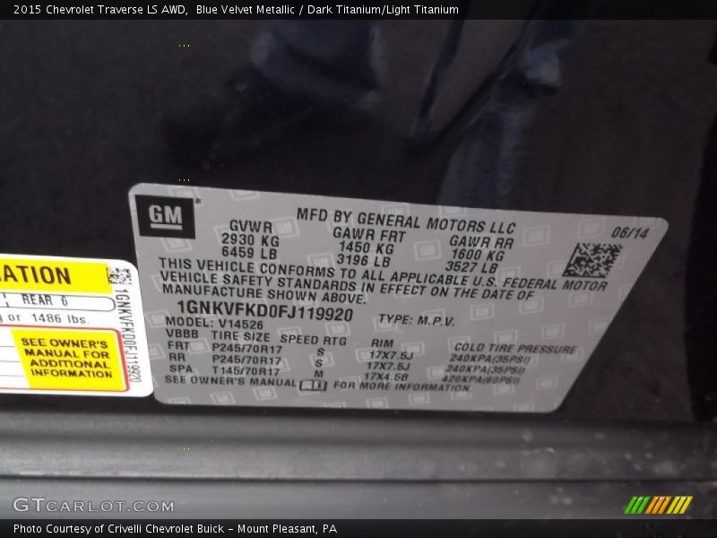 Blue Velvet Metallic / Dark Titanium/Light Titanium 2015 Chevrolet Traverse LS AWD
