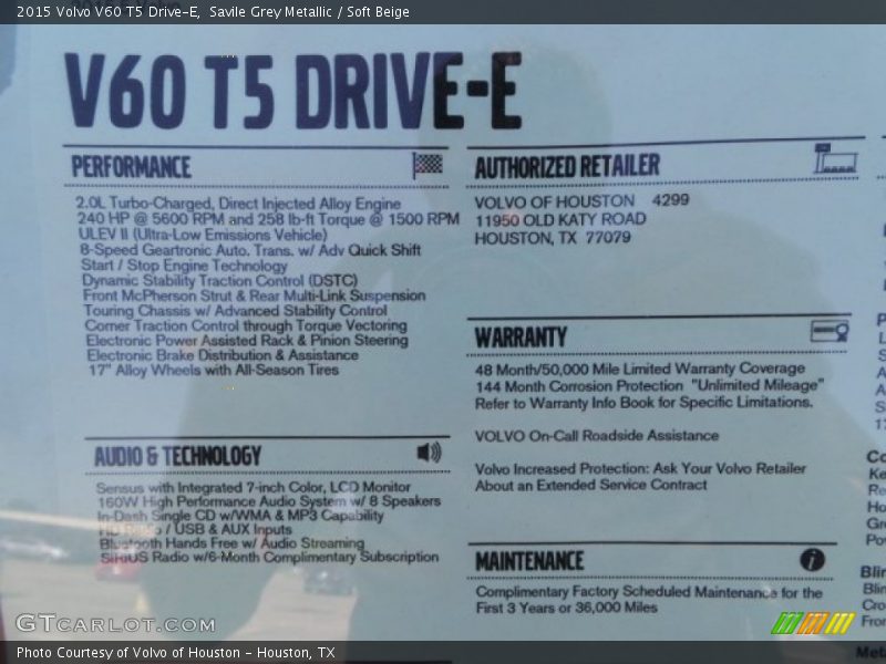  2015 V60 T5 Drive-E Window Sticker