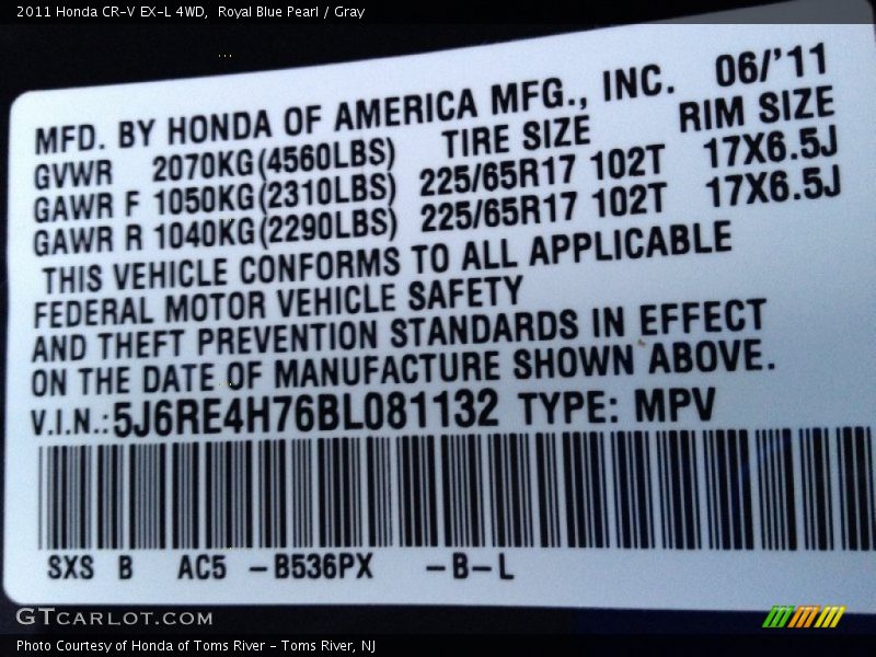 Royal Blue Pearl / Gray 2011 Honda CR-V EX-L 4WD