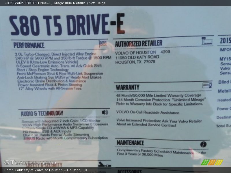 Magic Blue Metallic / Soft Beige 2015 Volvo S80 T5 Drive-E
