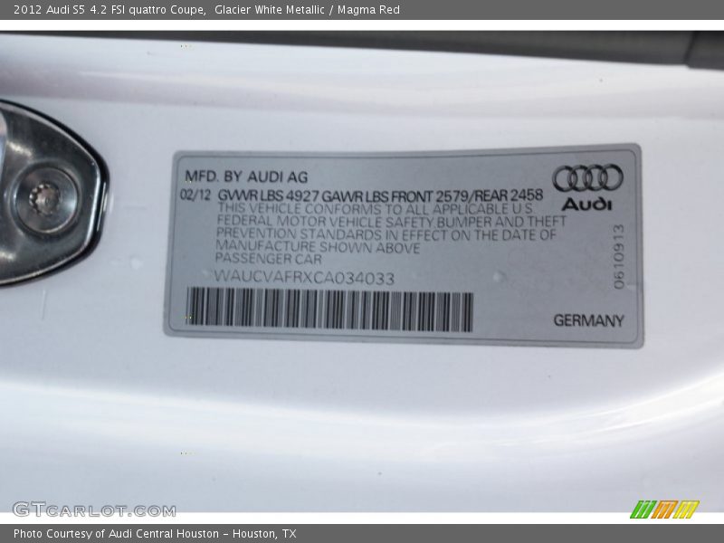 Glacier White Metallic / Magma Red 2012 Audi S5 4.2 FSI quattro Coupe