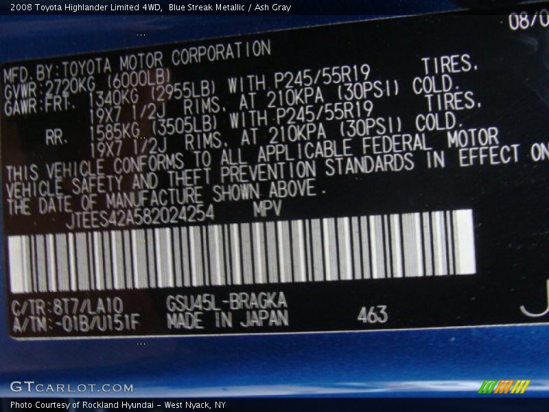 Blue Streak Metallic / Ash Gray 2008 Toyota Highlander Limited 4WD
