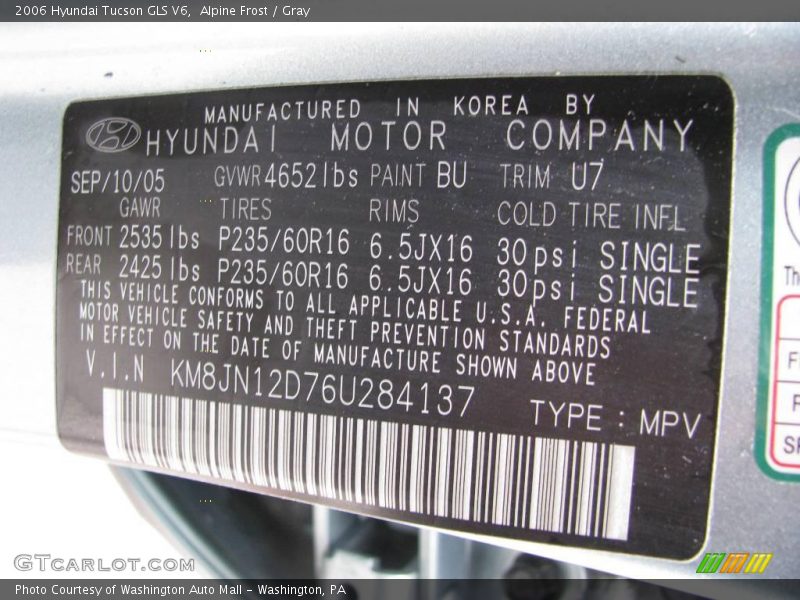Alpine Frost / Gray 2006 Hyundai Tucson GLS V6