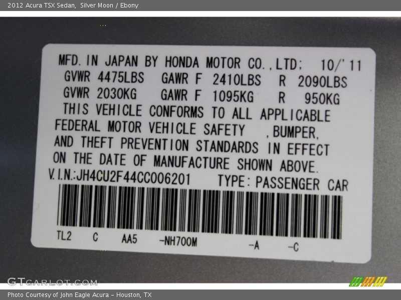 Silver Moon / Ebony 2012 Acura TSX Sedan