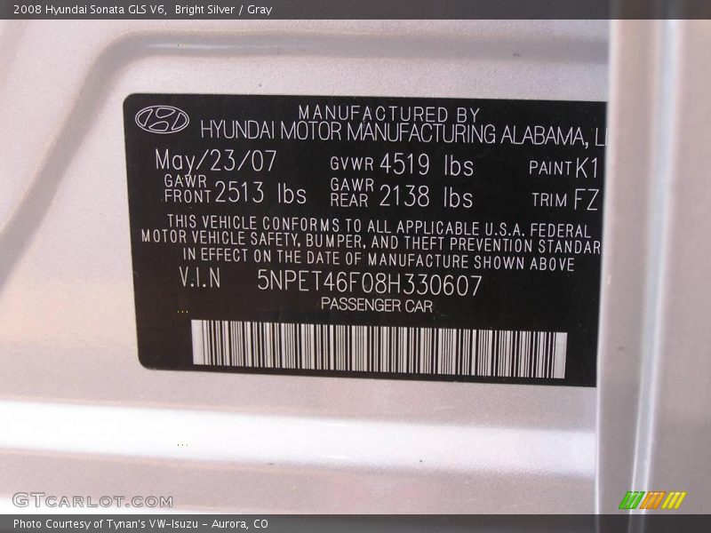 Bright Silver / Gray 2008 Hyundai Sonata GLS V6