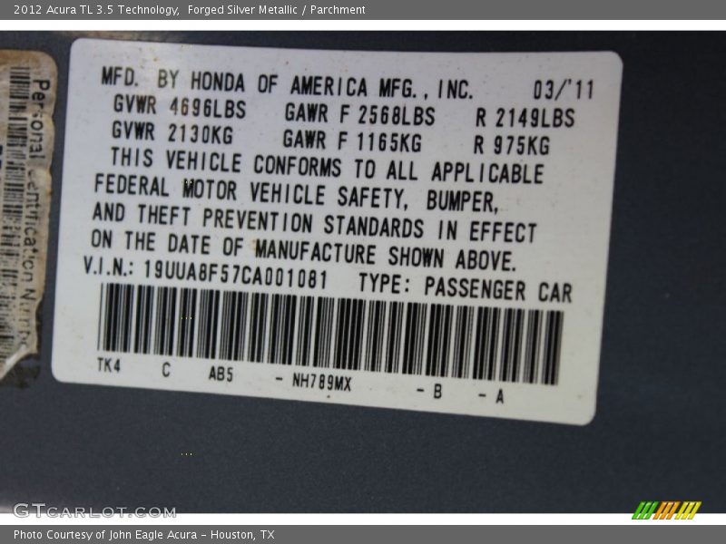 Forged Silver Metallic / Parchment 2012 Acura TL 3.5 Technology