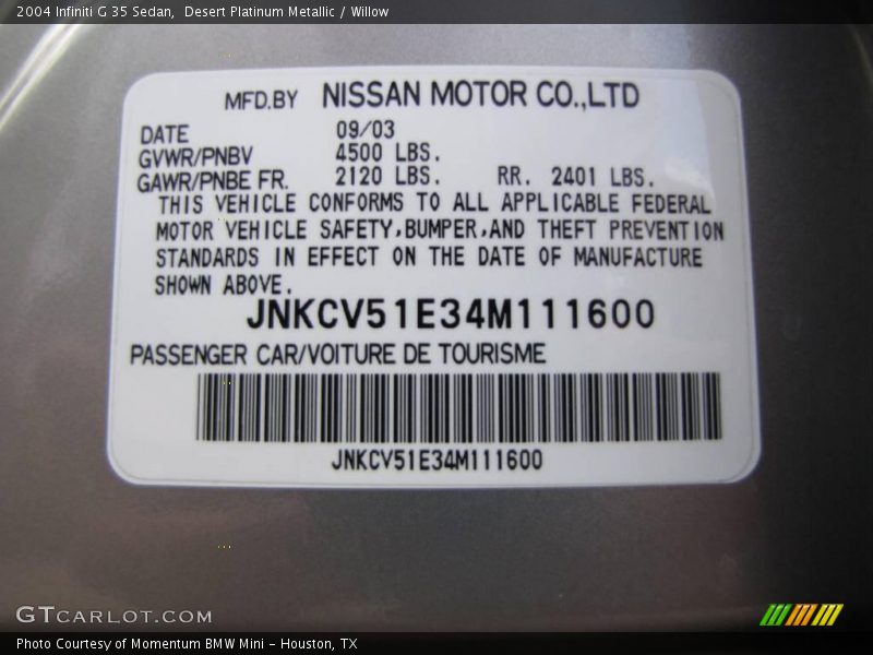 Desert Platinum Metallic / Willow 2004 Infiniti G 35 Sedan