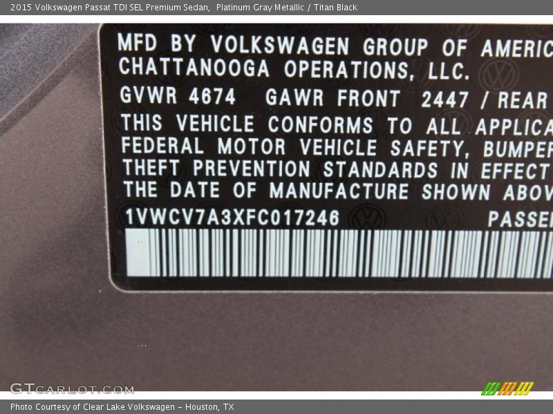 Platinum Gray Metallic / Titan Black 2015 Volkswagen Passat TDI SEL Premium Sedan