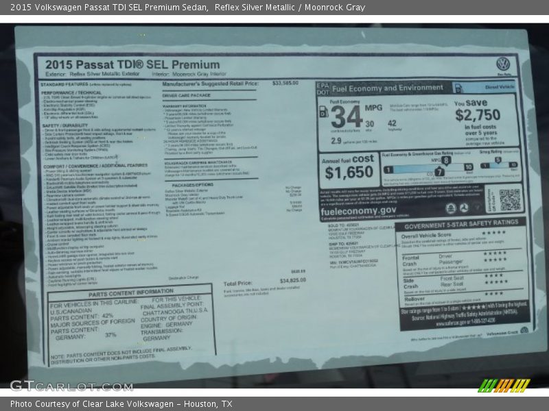 Reflex Silver Metallic / Moonrock Gray 2015 Volkswagen Passat TDI SEL Premium Sedan