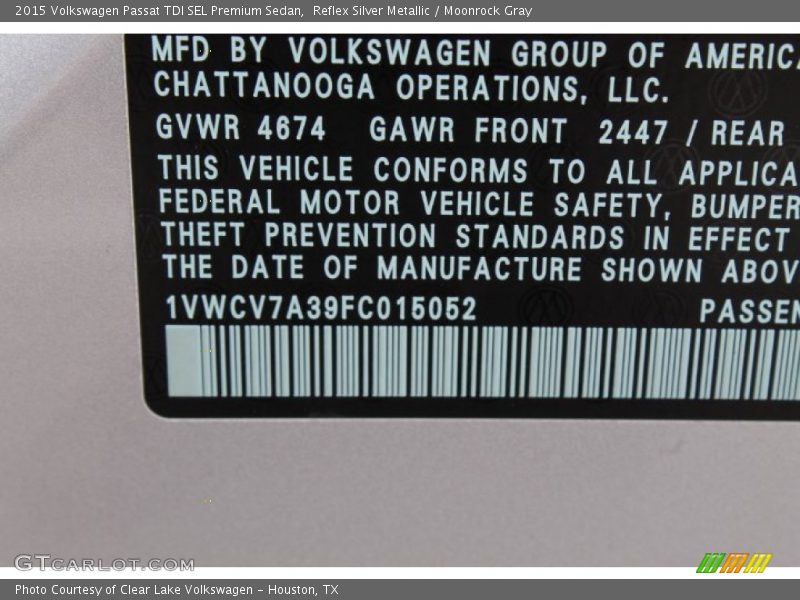 Reflex Silver Metallic / Moonrock Gray 2015 Volkswagen Passat TDI SEL Premium Sedan