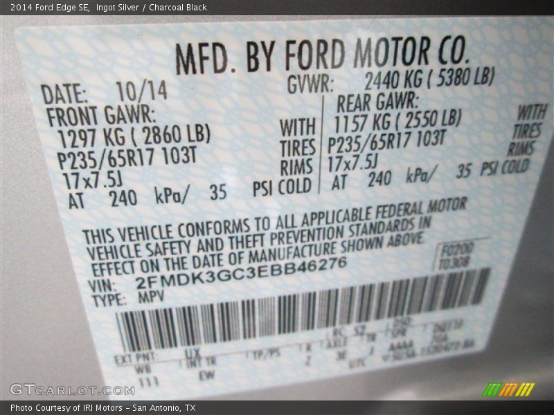 Ingot Silver / Charcoal Black 2014 Ford Edge SE