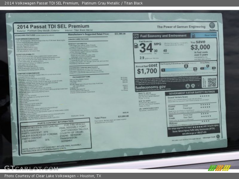 Platinum Gray Metallic / Titan Black 2014 Volkswagen Passat TDI SEL Premium