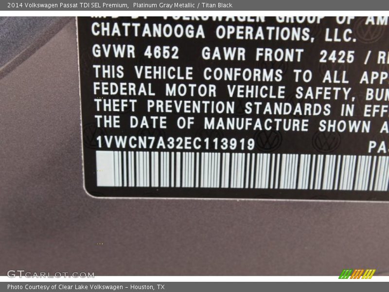 Platinum Gray Metallic / Titan Black 2014 Volkswagen Passat TDI SEL Premium