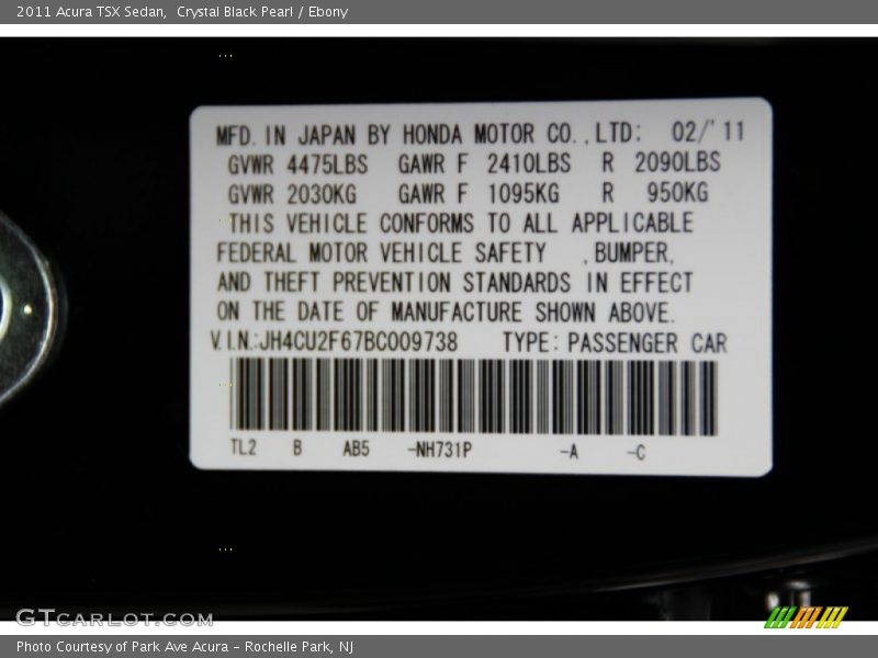 Crystal Black Pearl / Ebony 2011 Acura TSX Sedan