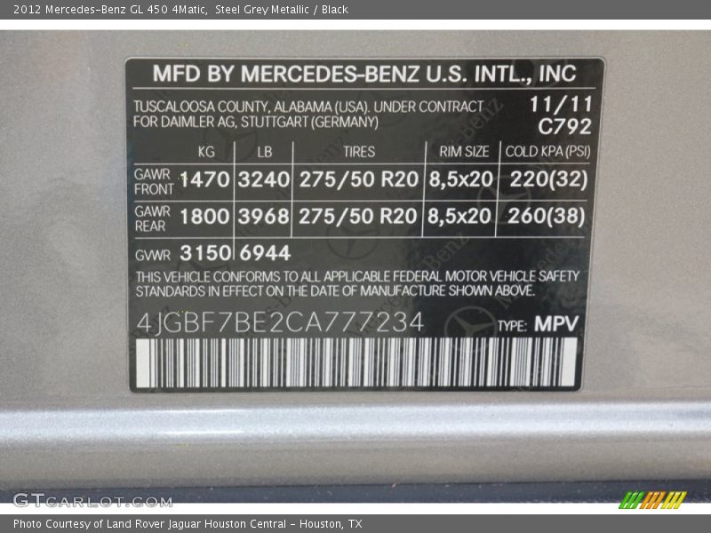 Steel Grey Metallic / Black 2012 Mercedes-Benz GL 450 4Matic