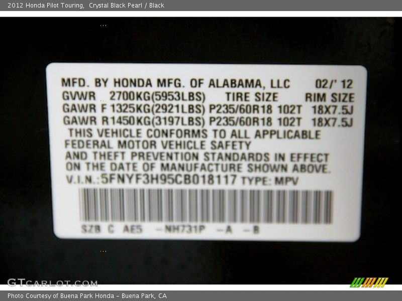 Crystal Black Pearl / Black 2012 Honda Pilot Touring