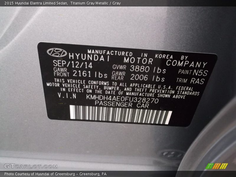 Titanium Gray Metallic / Gray 2015 Hyundai Elantra Limited Sedan