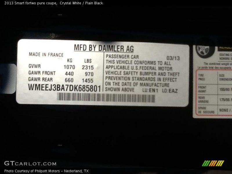 Crystal White / Plain Black 2013 Smart fortwo pure coupe