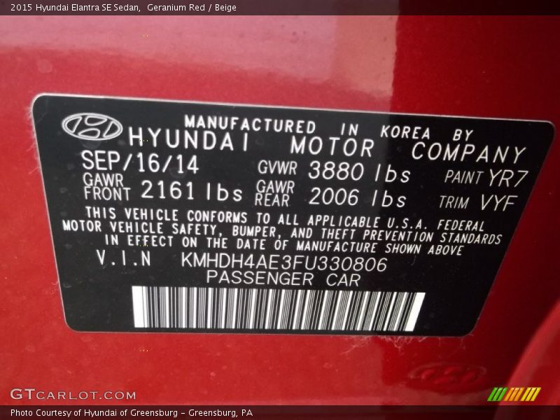 Geranium Red / Beige 2015 Hyundai Elantra SE Sedan