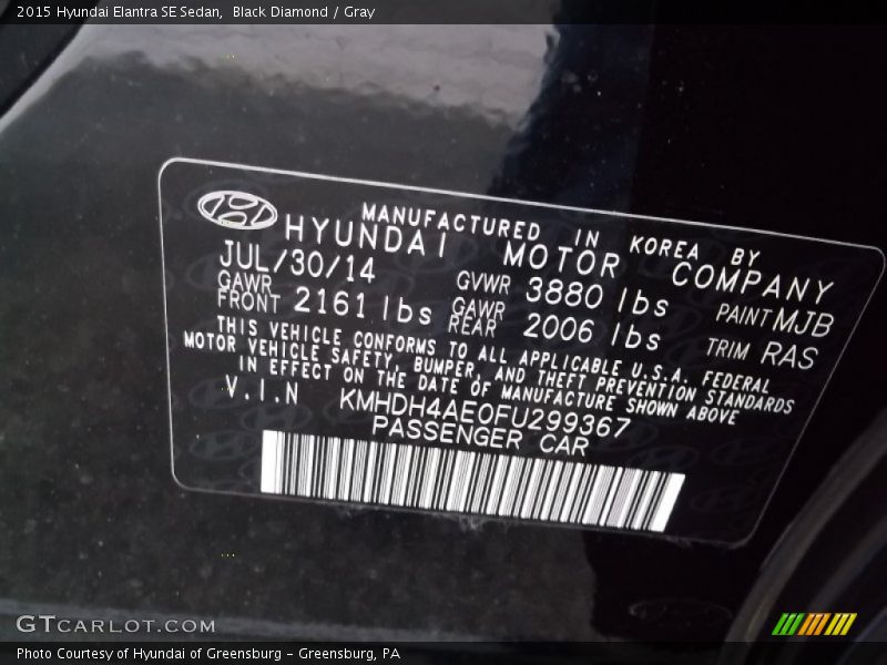 Black Diamond / Gray 2015 Hyundai Elantra SE Sedan