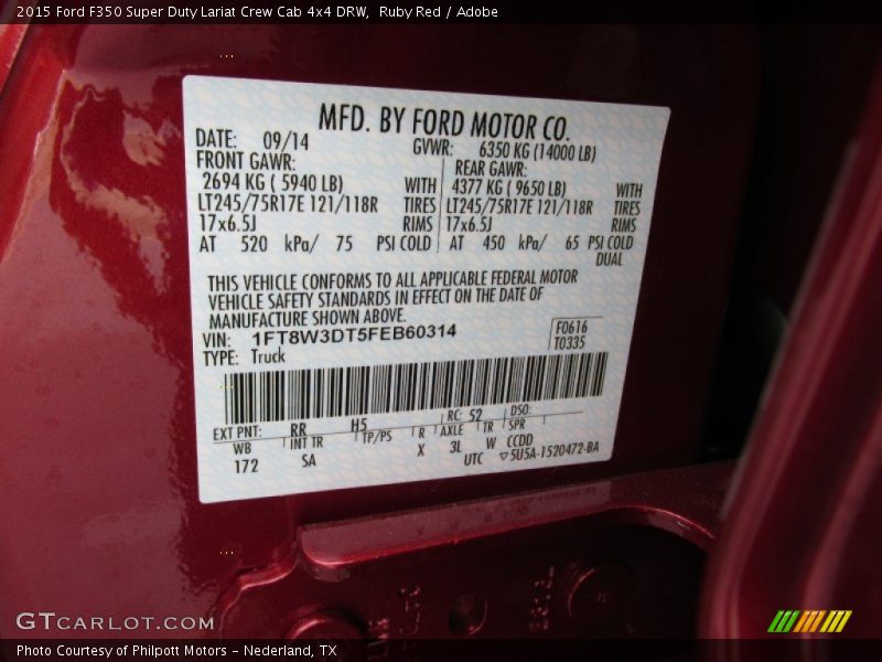 Ruby Red / Adobe 2015 Ford F350 Super Duty Lariat Crew Cab 4x4 DRW