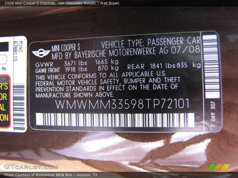 Hot Chocolate Metallic / Malt Brown 2008 Mini Cooper S Clubman