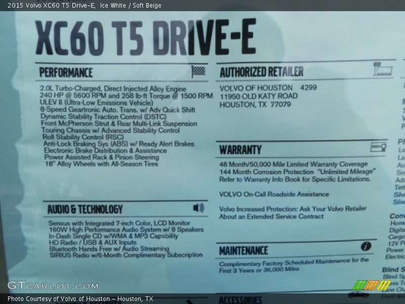  2015 XC60 T5 Drive-E Window Sticker