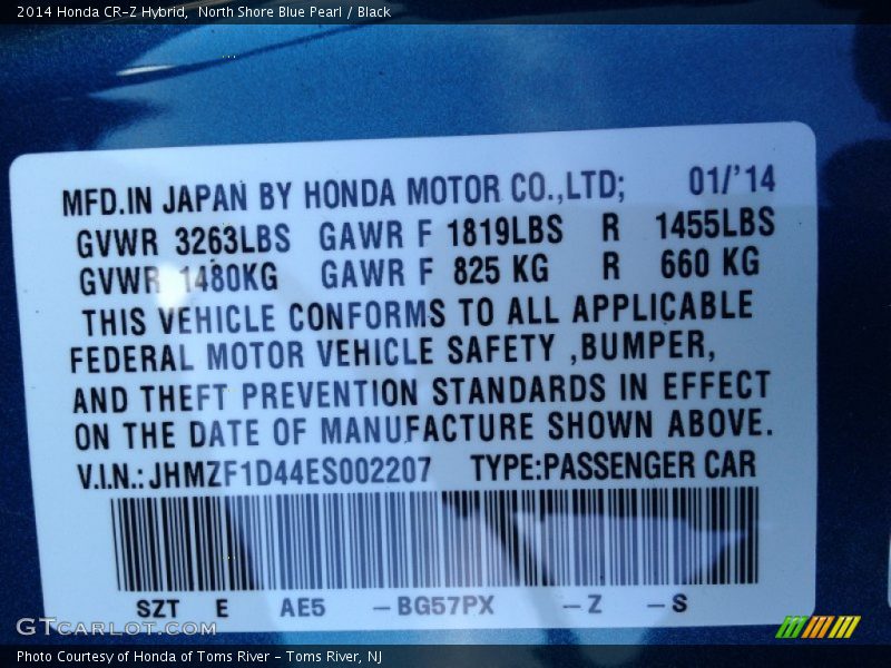 2014 CR-Z Hybrid North Shore Blue Pearl Color Code BG57PX