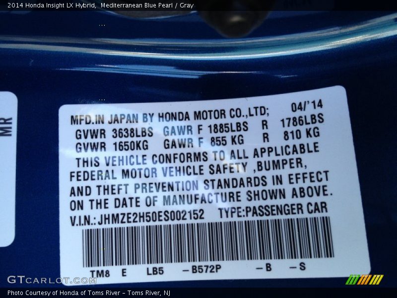 2014 Insight LX Hybrid Mediterranean Blue Pearl Color Code B572P