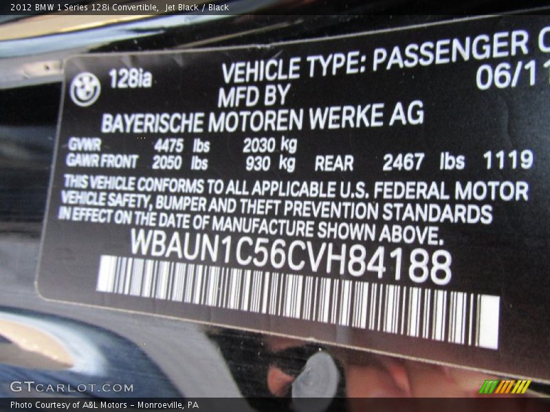 Jet Black / Black 2012 BMW 1 Series 128i Convertible