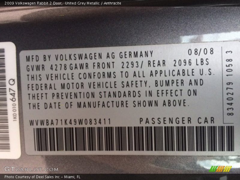 United Grey Metallic / Anthracite 2009 Volkswagen Rabbit 2 Door