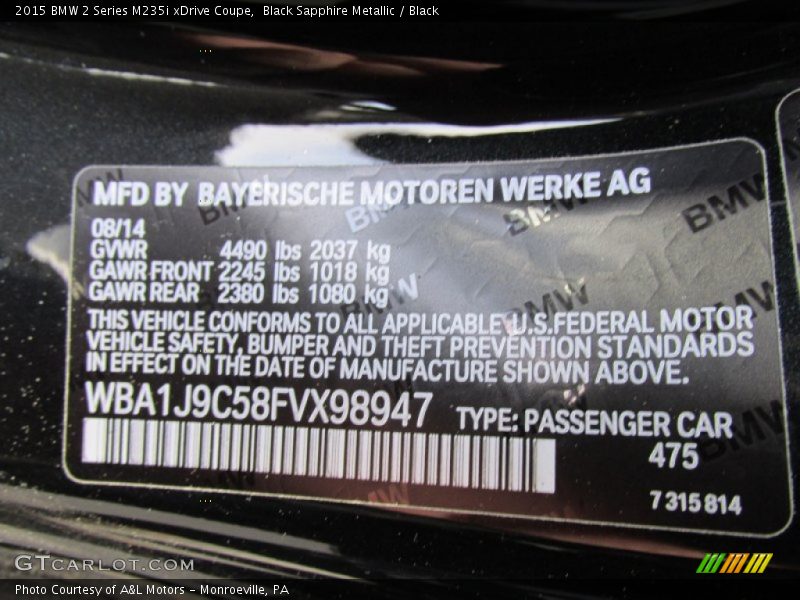 2015 2 Series M235i xDrive Coupe Black Sapphire Metallic Color Code 475