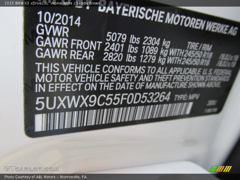 Alpine White / Saddle Brown 2015 BMW X3 xDrive28i