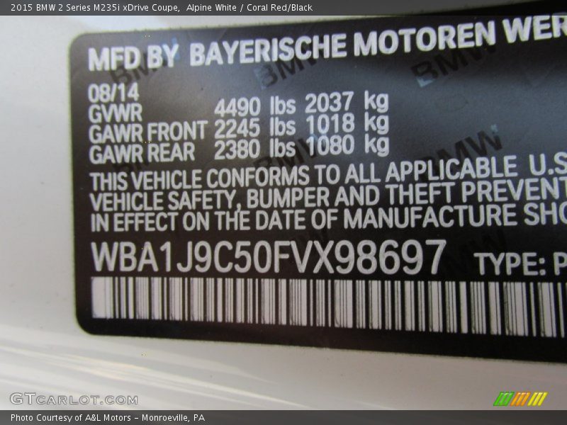 Alpine White / Coral Red/Black 2015 BMW 2 Series M235i xDrive Coupe