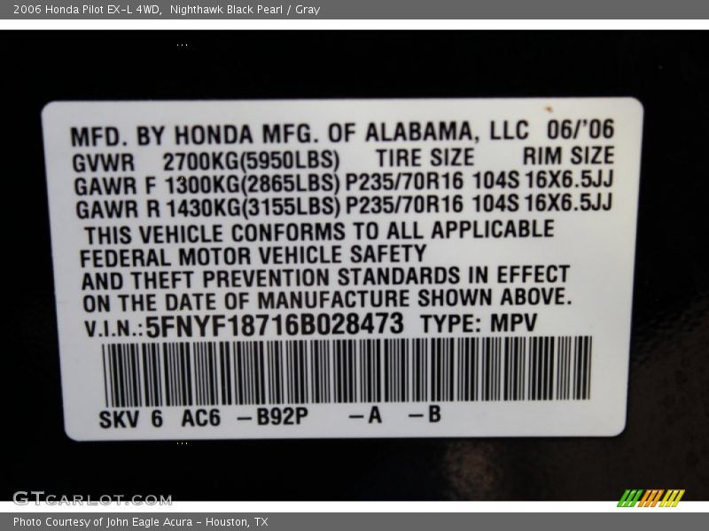 Nighthawk Black Pearl / Gray 2006 Honda Pilot EX-L 4WD