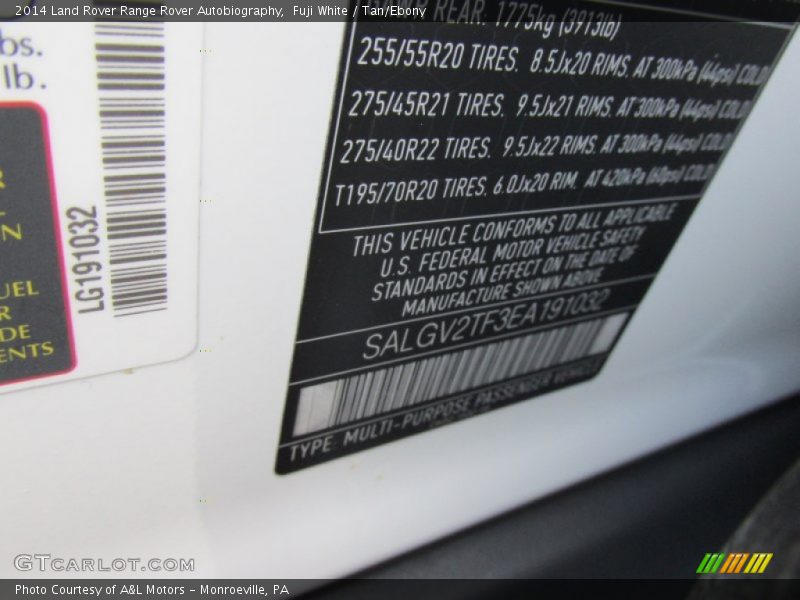 Info Tag of 2014 Range Rover Autobiography