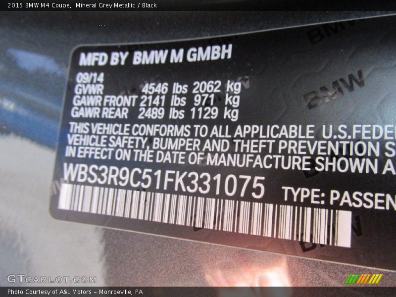 Mineral Grey Metallic / Black 2015 BMW M4 Coupe