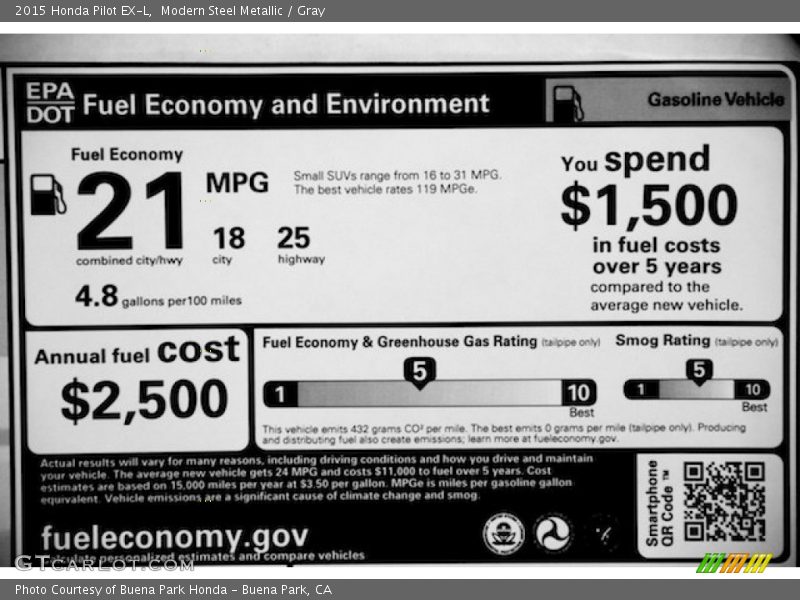Modern Steel Metallic / Gray 2015 Honda Pilot EX-L