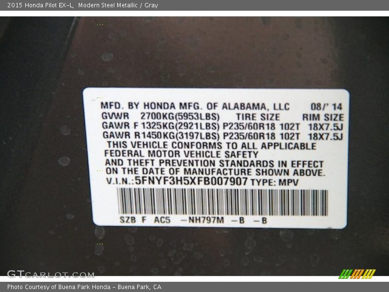 Modern Steel Metallic / Gray 2015 Honda Pilot EX-L