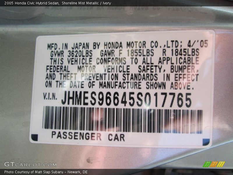 Shoreline Mist Metallic / Ivory 2005 Honda Civic Hybrid Sedan