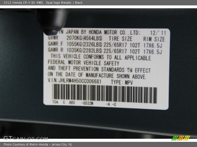 Opal Sage Metallic / Black 2012 Honda CR-V EX 4WD