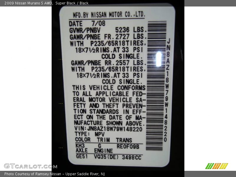 Super Black / Black 2009 Nissan Murano S AWD